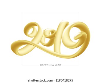 Vector illustration: Golden 3d calligraphic number lettering of 2019 on white background. Happy New Year.