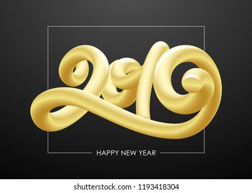 Vector illustration: Golden 3d calligraphic ballon lettering of 2019 on black background. Happy New Year.