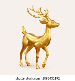 Vector Illustration of Golden 3D Deer Figurine. Template Banner, or Greetings Card on White Background