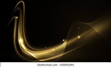 Vector illustration of golden abstract background with blurred magic neon light lines. Blurry highlights on a dark background. High-speed abstraction. Shining fine lines. Energy waves