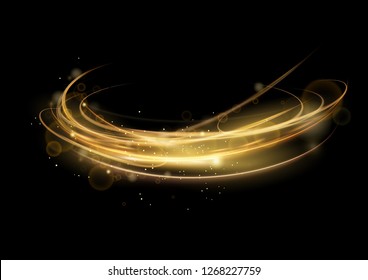 Vector illustration of golden abstract transparent light effect isolated on black background, round sparcles and light lines in golden color. Abstract background for science, futuristic, energy