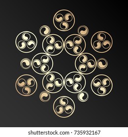 Vector illustration of golden alien crop circles. Decorated ancient celtic ornaments on black background.