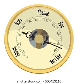 Vector illustration golden aneroid barometer isolated on white background.  Rain and stormy, fair and very dry, change. Barometer indicates very dry