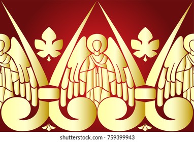 Vector illustration of Golden Angels on red background. Pattern