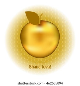 Vector illustration of Golden Apple against the background of honeycombs with honey. Shana Tova! - Happy New Year! (Hebrew)