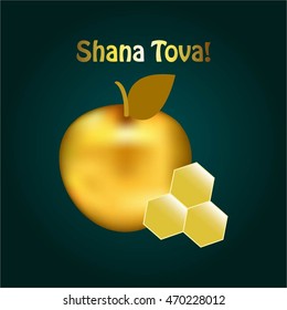 Vector illustration of Golden apple and honey on a turquoise background.  Shana Tova! - Happy New Year! (Hebrew)