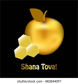 Vector illustration of Golden apple and honey on a black background.