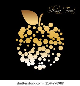 Vector illustration of Golden Apple on a black background. Shana Tova - Happy New Year (hebrew)