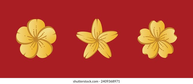 Vector illustration of golden apricot flower set. The flowers of traditional Vietnamese new year, Hoa mai, golden blossom.