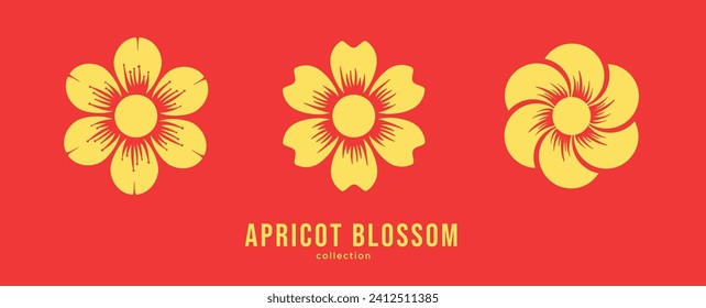 Ilustración vectorial del conjunto de flores de albaricoque dorado. Las flores del año nuevo vietnamita tradicional, Hoa mai, florecimiento dorado.