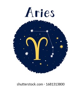 Vector illustration of golden Aries zodiac sign and constellation in a circle isolated on a white background. 