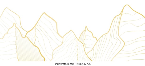 Vector illustration. Golden art deco mountains isolated on a yellow background. Luxury wallpaper design with gold foil shiny mountain landscape sketch.