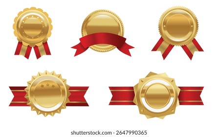 Vector illustration of golden badges with various red ribbon styles, including round and starburst shapes, ideal for certificates, achievements, rewards, and premium branding