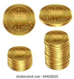 Vector illustration of golden bitcoin alone and in a pile isolated on white background. It is used as an image of a crypto currency. Print, template, design element.
