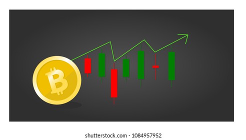 Vector illustration Golden Bitcoin with increase stock graph