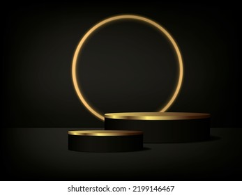 vector illustration golden and black color podium on dark background,use for cosmetic presentation background.