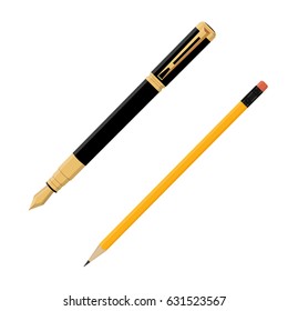 Vector illustration golden, black vintage fountain pen. Yellow pencil with eraser.  Stationery tools set, collection
