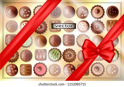 Vector illustration of a Golden box of chocolates wrapped with transparent cellophane and red ribbon with bow, luxury dessert gift for the holiday