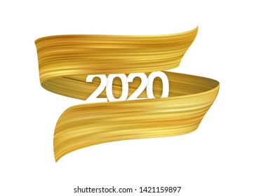 Vector illustration: Golden brush stroke oil or acrylic paint with New Year 2020. Poster trendy design
