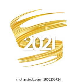 Vector illustration: Golden brush stroke oil or acrylic paint with number of 2021. New Year Poster trendy design