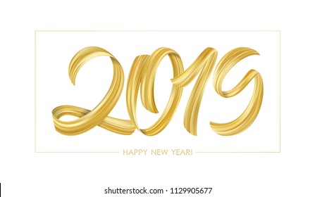Vector illustration: Golden Brushstroke paint lettering calligraphy of 2019 Happy New Year on white background.
Luxury design