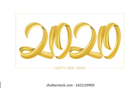 Ilustración del vector: Pincel dorado pintar caligrafía de 2020 Feliz Año Nuevo sobre fondo blanco. Diseño de lujo