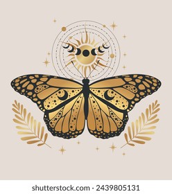 Vector illustration with golden butterfly. Abstract mystic sign. Black linear shape. For you design, magic craft.