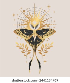 Vector illustration with golden butterfly. Magic sun, occult, print, poster. For you design, magic craft.