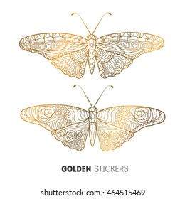 Vector illustration of golden butterfly stickers, flash temporary tattoo.