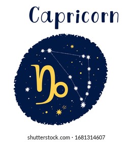 Vector illustration of golden Capricorn zodiac sign and constellation in a circle isolated on a white background. 