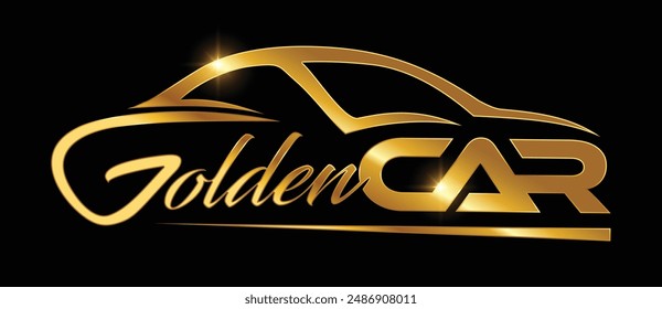 Una Ilustración vectorial del concepto de diseño de Vector del logotipo del coche dorado en fondo negro con efecto de brillo dorado, con logotipo del coche de la marca de la palabra