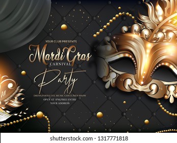 Vector illustration of Golden carnival mask with feathers, on black background for Mardi Gras Party, with shiny text mardi gras