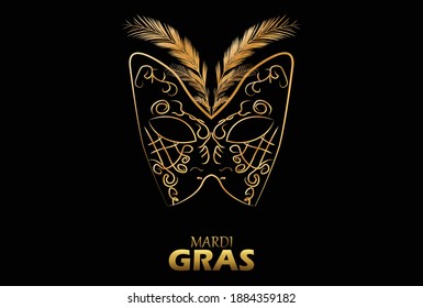 Vector Illustration. Golden carnival mask with feathers on black background.