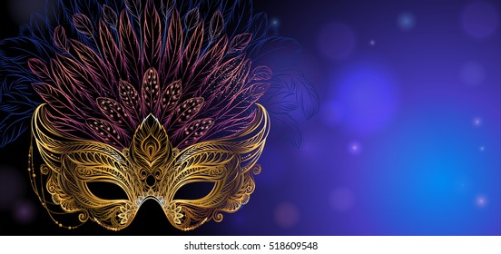 Vector Illustration. Golden carnival mask with feathers on dark blue background. Beautiful concept design for greeting card, invitation, banner or flyer.