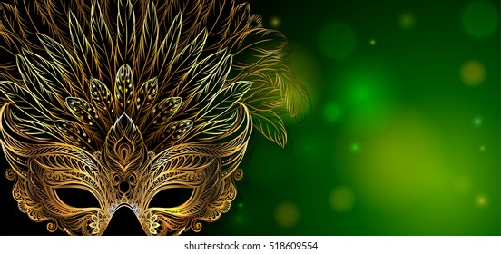 Vector Illustration. Golden carnival mask with feathers on green background. Beautiful concept design for greeting card, party invitation, banner or flyer.