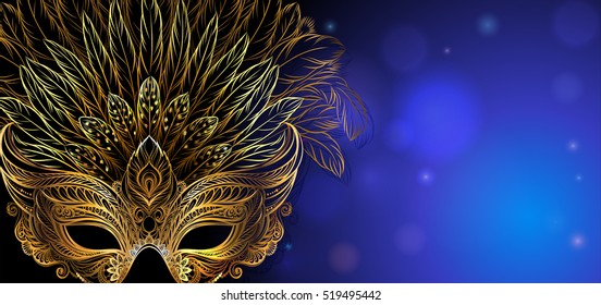 Vector Illustration. Golden Carnival Mask With Feathers. Beautiful Concept Design For Greeting Card, Party Invitation, Banner Or Flyer.