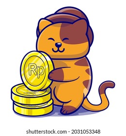 vector illustration of a golden cat. animal holding a gold coin. lucky symbol. a cat with a shiny gold color. gold coin with rupiah symbol. chibi cat. chibi character. bank mascot, etc.