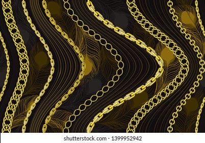 Vector illustration with Golden chains and peacock feathers. Seamless background with different gold chains and yellow feathers on dark grey background. Suitable for fashion design, women's fashion 