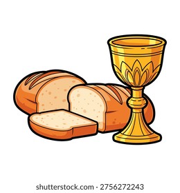 A vector illustration of a golden chalice with a loaf of bread and a slice cut off, symbolizing communion or a religious ceremony, ideal for marketing, advertising, or educational materials.