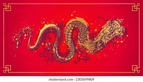 Vector illustration of a golden Chinese dragon. Tattoo of asian dragon on red background in asian style. Chinese new year 2024.