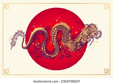 Vector illustration of a golden Chinese dragon. Tattoo of asian dragon on red background in asian style. Chinese new year 2024.