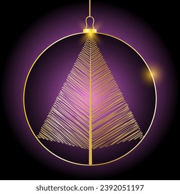 Vector illustration of golden Christmas ball on violet background for template, cover, greeting card, poster, flier. Christmas decoration with abstract Christmas tree scribble, glowing lights. EPS 10.