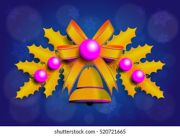 Vector illustration of golden Christmas garland with spruce twigs and purple elements. Blue background