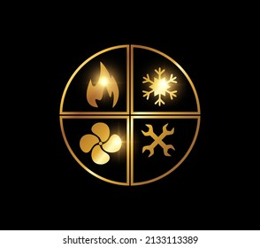 A vector illustration of Golden Circle of Flame, Snowflake, Wrench and Fan Sign