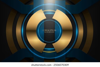 vector illustration golden circle metallic layers and curve glowing laser light lines abstract digital geometric background,cover,card, technology and award banner. 