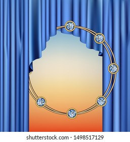Vector illustration of a Golden circle with precious stones under a blue curtain red background frame of gold and diamonds, diamonds on the Hoop