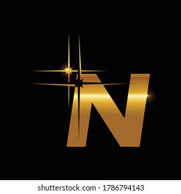 A vector illustration of Golden clean and shine initial logo for letter N in gold color with black background