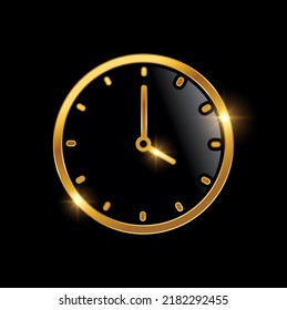 Un vector Ilustración del símbolo del reloj dorado Signo en fondo negro con efecto de brillo dorado