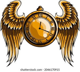 ilustración vectorial del reloj dorado con alas.