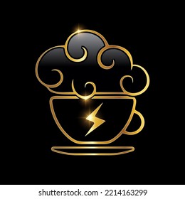 A vector Illustration of Golden Cloud and Coffee Vector Icon in black background with gold shine effect